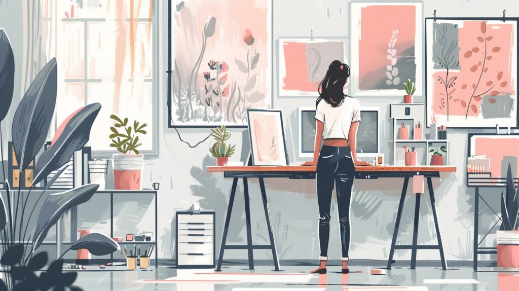 An artist stands at her desk contemplating her work and whether she should try selling art on amazon.