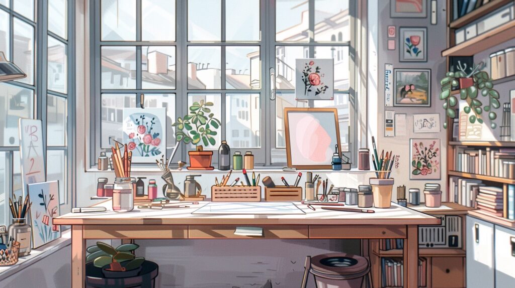 A beautiful artists studio with windows and art resources and plants. It's a great place to film if you're selling art on Youtube.