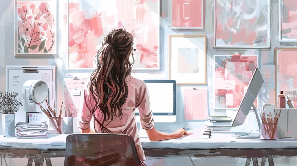 An artist sits at her desk looking at her art sales online.