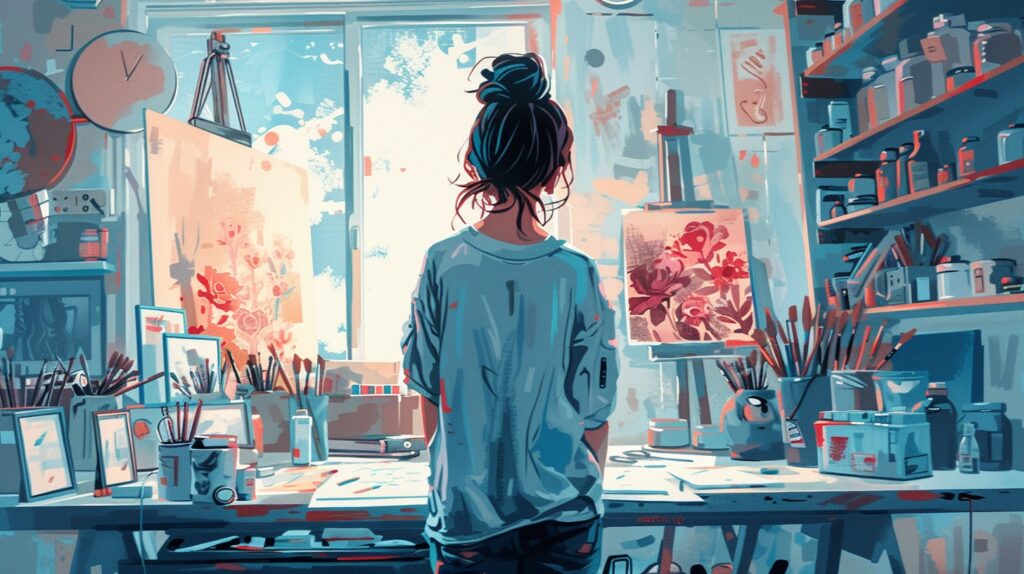 A woman stands at her desk looking at her art contemplating the cost of selling on shopify.