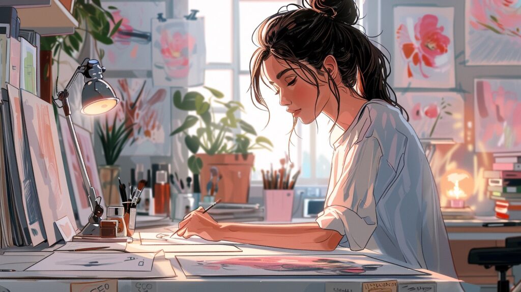 An artist sits at her desk and journals to help with her abundance mindset.