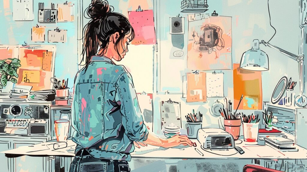 An artist stands in her studio smiling. She's ready to start the day with a winning mindset.