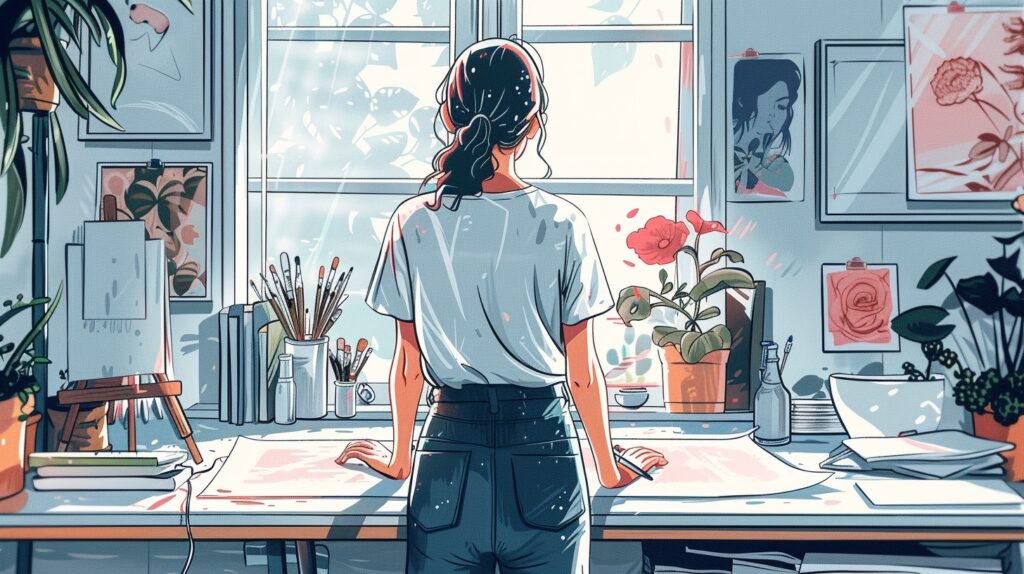 An artist stands at her desk in her studio thinking about mindset motivation.